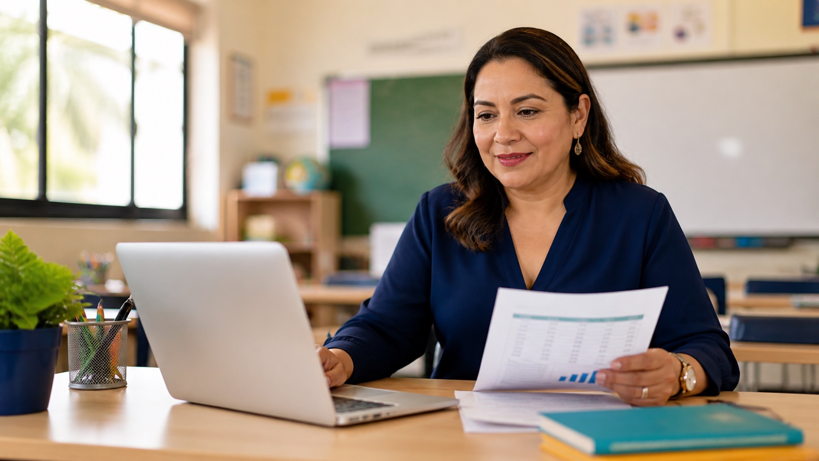 Maestra mexicana del magisterio consultando opciones de crédito de nómina